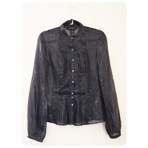 * Club Monaco Black Silk Long Sleeve Metallic Thread Sheer Pleated Detail Blouse